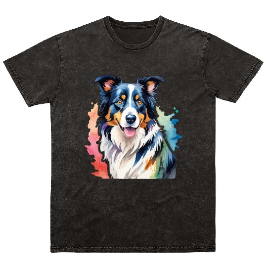 Border Collie Watercolor Mineral Wash T Shirts