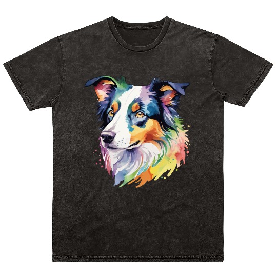 Border Collie Watercolor Mineral Wash T Shirts
