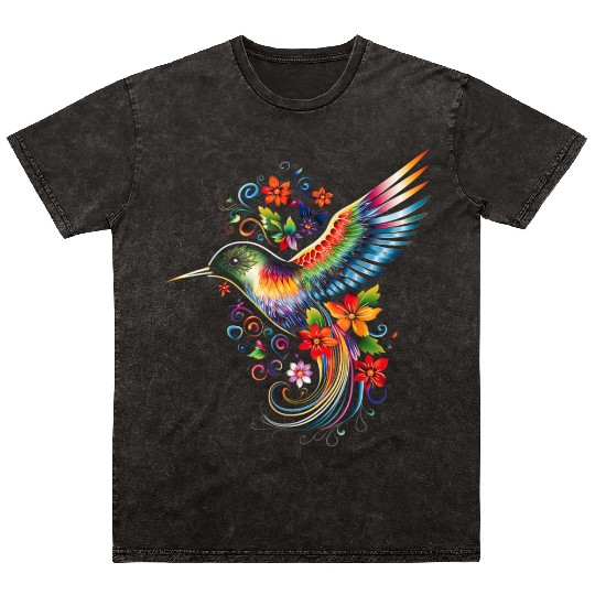 Hummingbird Flowers Colorful Hummindgbird Mineral Wash T Shirts