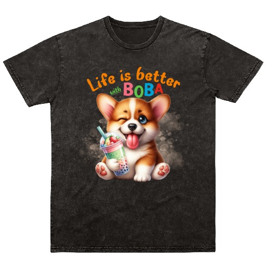 Corgi with BOBA tea Milk TEA Bubble tea Mineral Wash T Shirts