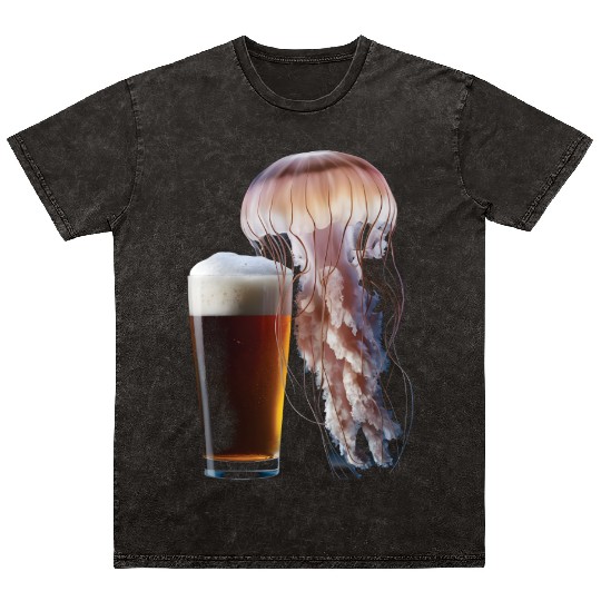 Jellyfish Drinking Beer Realistic Mineral Wash T Shirts