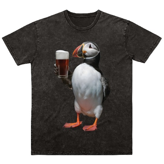 Atlantic Puffin Drinking Beer Realistic Mineral Wash T Shirts