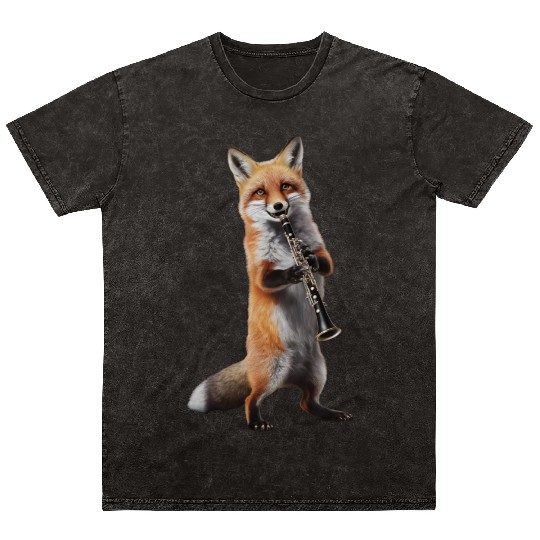 Fox Playing Clarinet Realistic Mineral Wash T Shirts