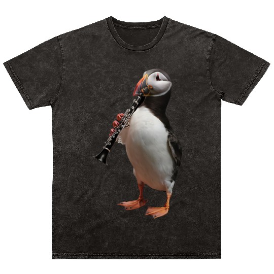 Atlantic Puffin Playing Clarinet Realistic Mineral Wash T Shirts