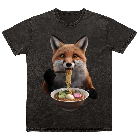 Fox Eating Ramen Realistic Mineral Wash T Shirts