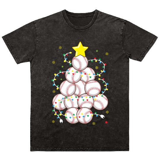 Baseball Christmas Tree Xmas Sports Player Coach Mineral Wash T Shirts