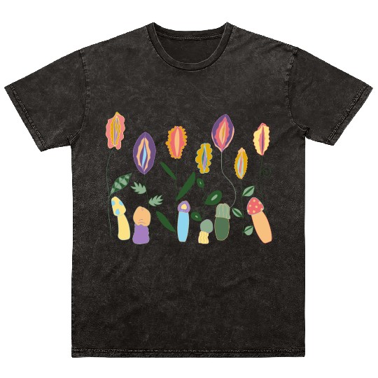 Flower Meadow with Mushrooms. Body Positivity. Mineral Wash T Shirts