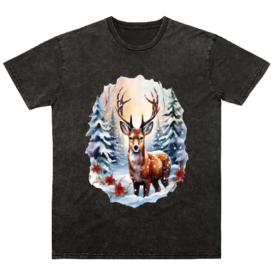 Christmas Deer with Poinsettia and Snow Mineral Wash T Shirts