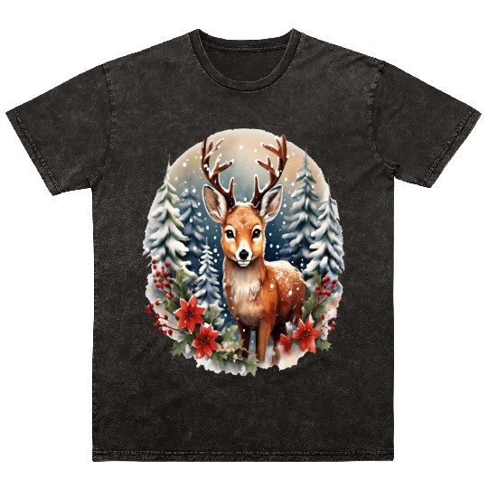 Christmas Deer with Poinsettia and Snow Mineral Wash T Shirts