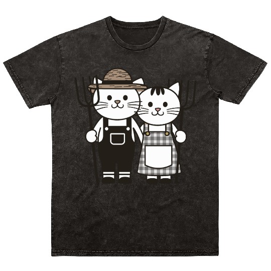 Farmer Cats Wearing Overalls and Gingham Dress Mineral Wash T Shirts