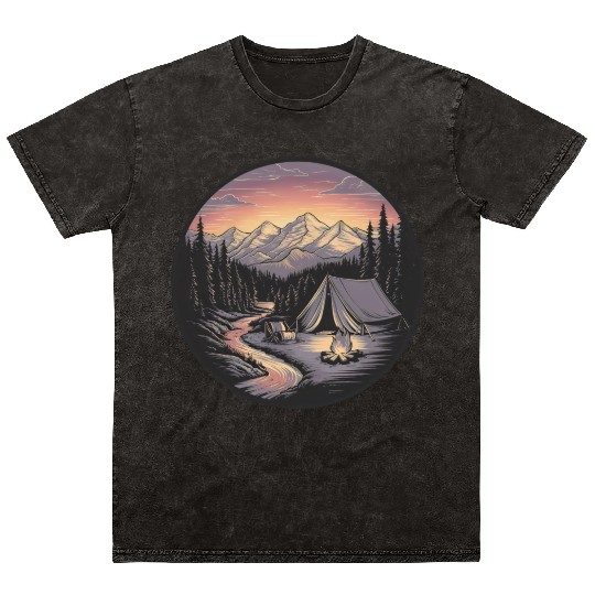 Mountain Morning: Peaceful Camping Monoline Mineral Wash T Shirts