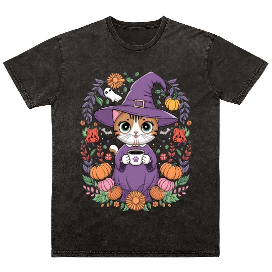 Halloween Cute Witch Cat with Coffee Mug Mineral Wash T Shirts