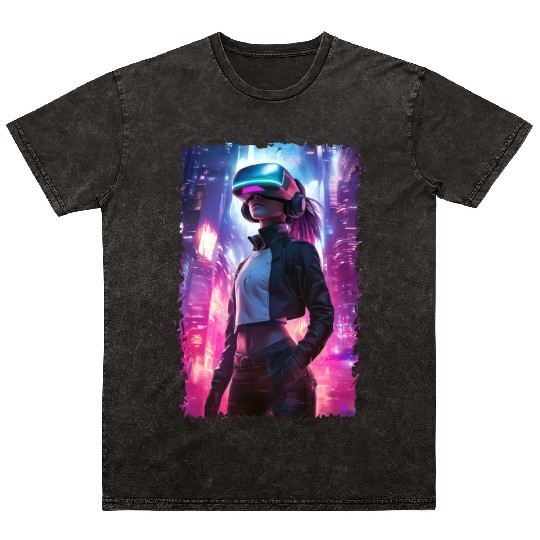 Cyberpunk VR Girl - Futuristic Virtual Reality Mineral Wash T Shirts