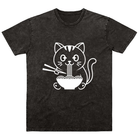 Cute Cat Eating Ramen Kawaii Food Design Mineral Wash T Shirts