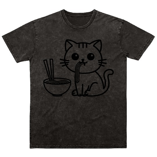 Cute Cat Eating Ramen Kawaii Food Design Mineral Wash T Shirts