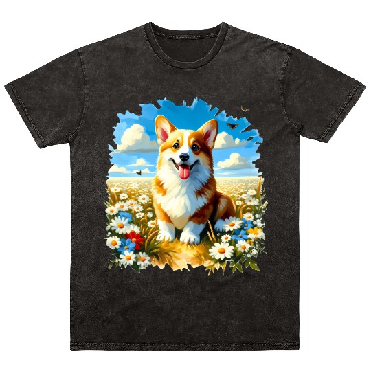 Corgi in Summer Mineral Wash T Shirts