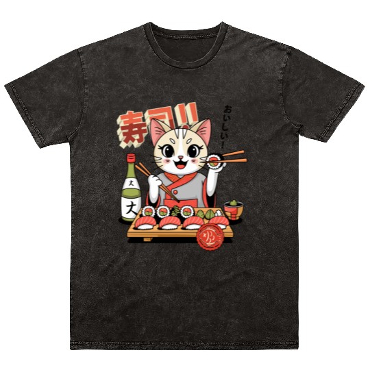 Sushi Chef Cat Adorable Culinary Cat Design Mineral Wash T Shirts