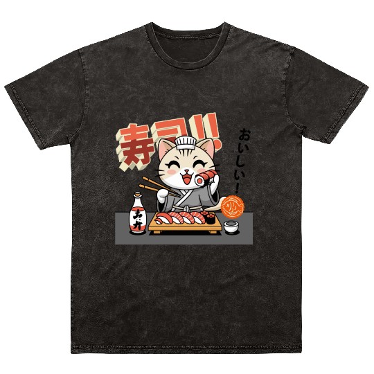 Sushi Chef Cat Adorable Culinary Cat Design Mineral Wash T Shirts