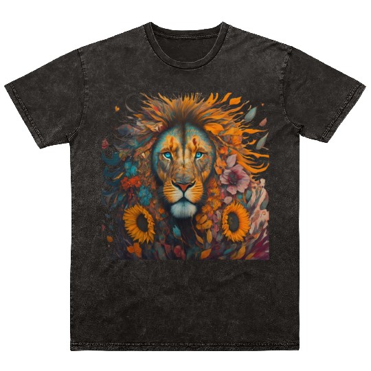 Lion with Sunflower: Majestic and Bright Design Mineral Wash T Shirts