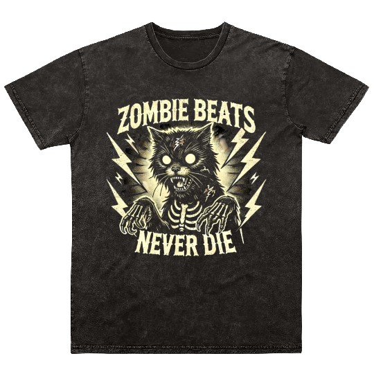 Zombie Cat Halloween Skeleton Skull Horror Fun Art Mineral Wash T Shirts
