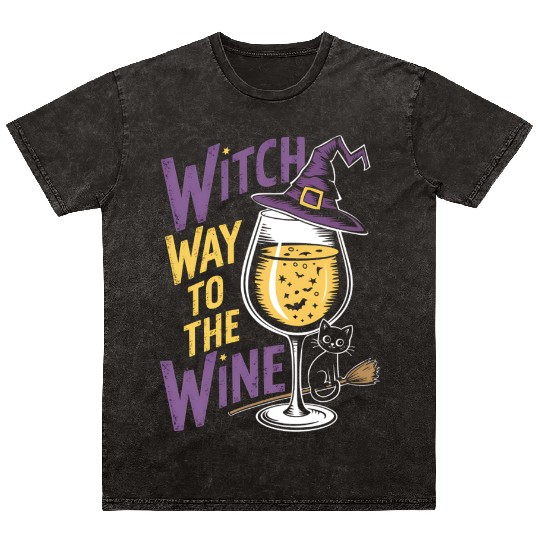 Spooky Witch Hat with Wine Glass and Halloween Cat Mineral Wash T Shirts