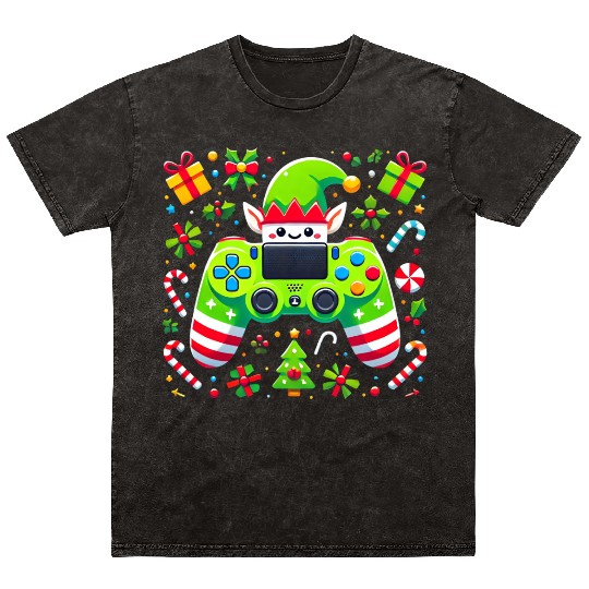 Christmas Elf Themed Gaming Controller Fun Mineral Wash T Shirts