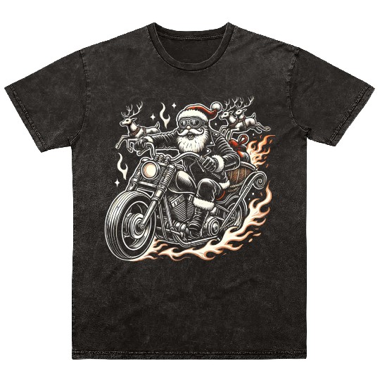 Biker Santa Reindeer Ride Christmas Adventure Mineral Wash T Shirts