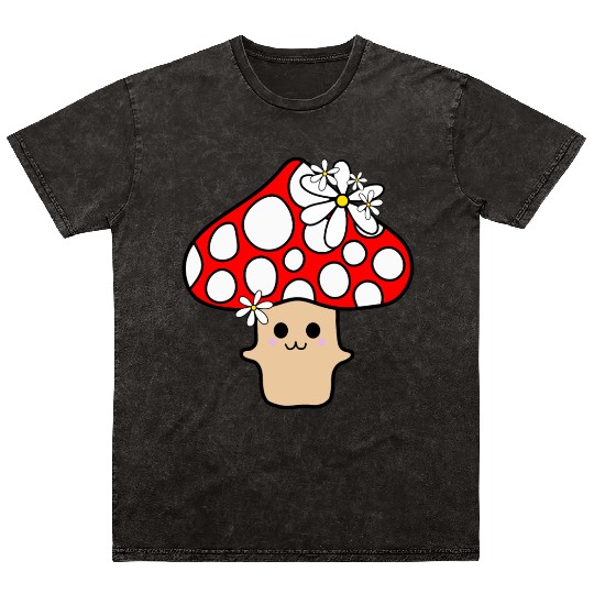 Cute Red Mushroom Smiling Mineral Wash T Shirts