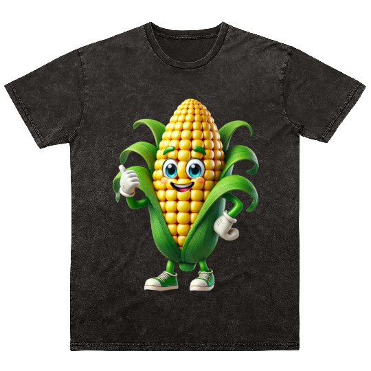 Happy Corn Cartoon Mascot Character Mineral Wash T Shirts