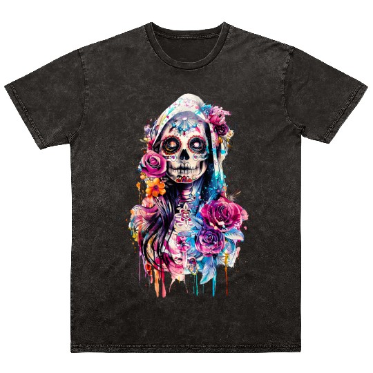 Santa Muerte Saint Mexican Folklore Dead Skull Mineral Wash T Shirts
