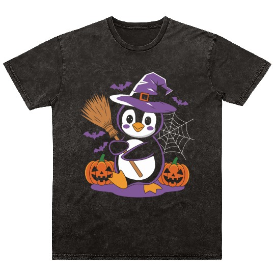 Cute Penguin Halloween Witch with Pumpkins and Mineral Wash T Shirts