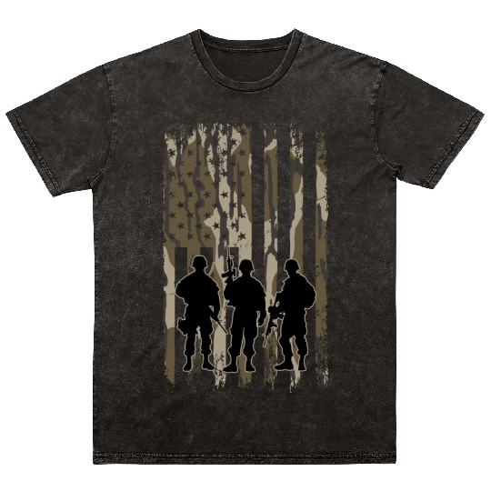 Bottomland Camo American Flag Soldiers Mineral Wash T Shirts