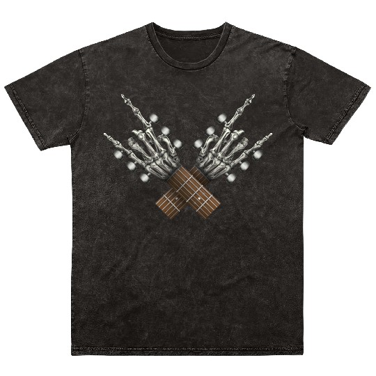 Rock On Guitar Rock & Roll Halloween Skeleton Hand Mineral Wash T Shirts