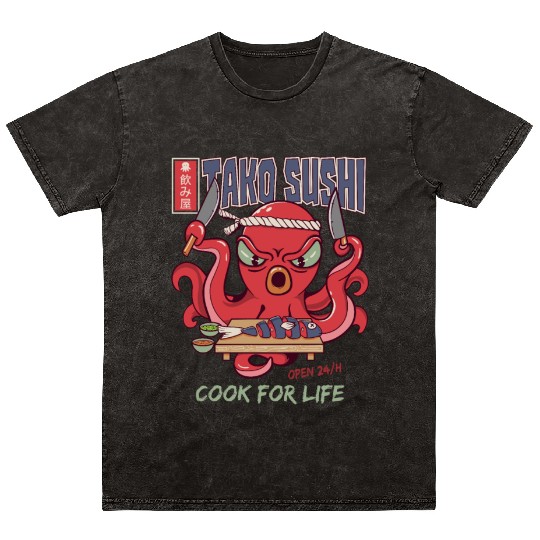 Octopus Sushi Bar Raw fish roll Takoyaki Mineral Wash T Shirts