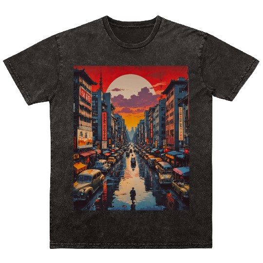 Twilight Reflections in Neon City Mineral Wash T Shirts