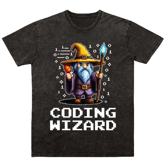 Funny Coding Wizard Pixel Fantasy Coder Magic Mineral Wash T Shirts
