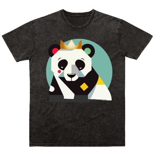 Geometric Panda with Crown - Stylish Animal Motif Mineral Wash T Shirts
