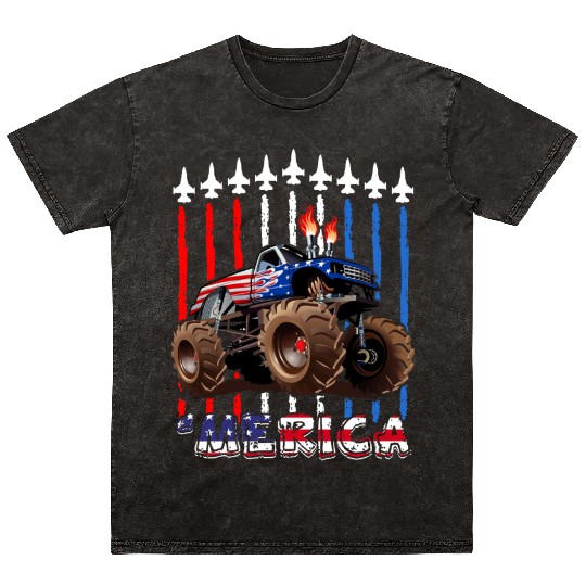 Merica Monster Truck US Flag Mineral Wash T Shirts