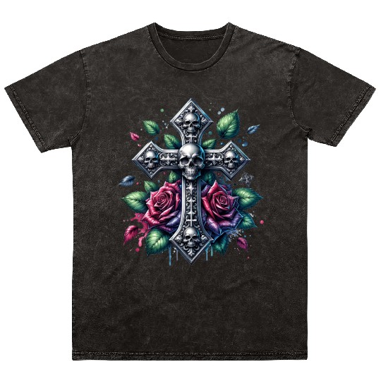 Gothic Collection - Cross, Skulls & Red Roses Mineral Wash T Shirts