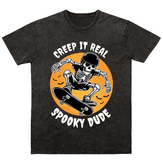 Funny Halloween Design Skeleton Skateboarder Mineral Wash T Shirts