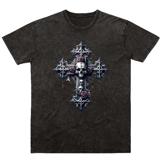 Gothic Cross Collection - Skulls and Red Roses Mineral Wash T Shirts