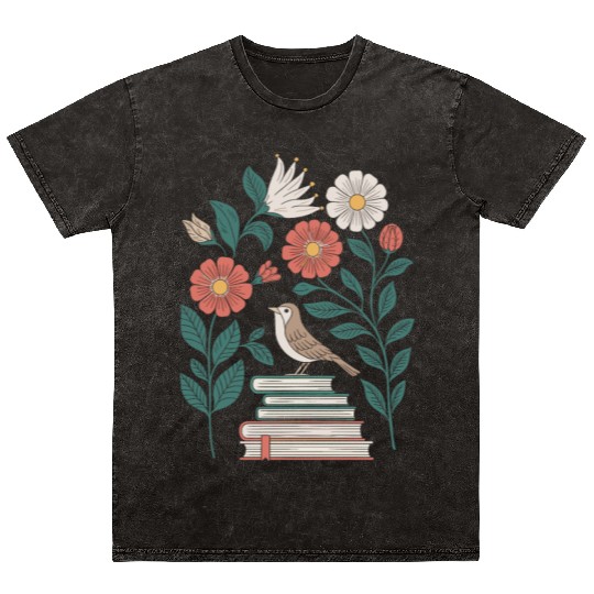 Cottagecore Bird on Books with Flowers Delight Mineral Wash T Shirts
