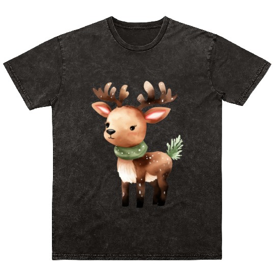 Cute Vintage Reindeer with Green Scarf Mineral Wash T Shirts