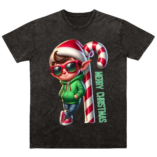 Merry Christmas Cool Elf with Candy Cane Vibes Mineral Wash T Shirts