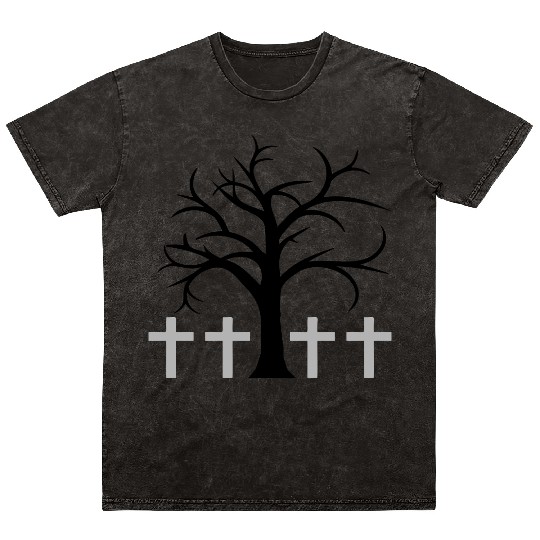 Tree Bald Winter Autumn Crosses Halloween Cemetery Mineral Wash T Shirts