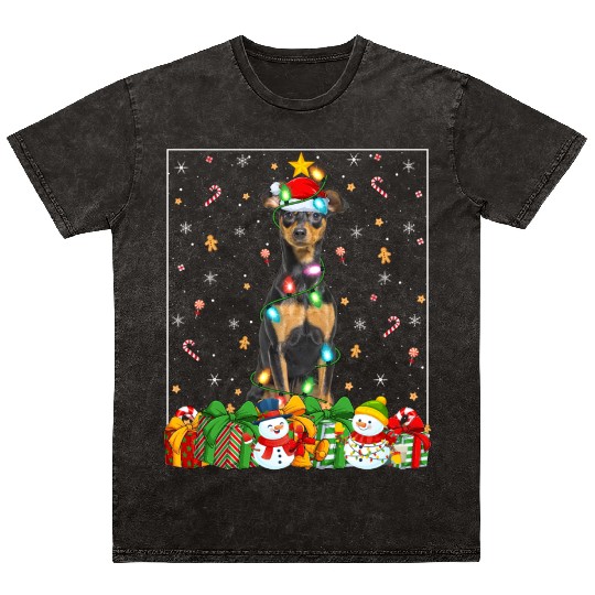 Miniature Pinscher Dog Christmas Lights Mineral Wash T Shirts