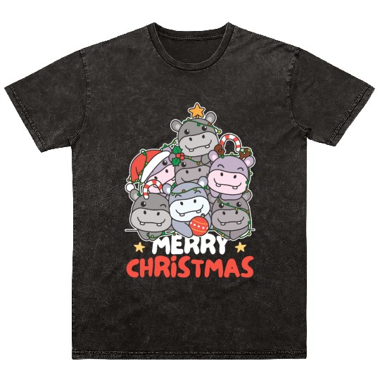 Hippo Christmas Tree Merry Christmas Mineral Wash T Shirts