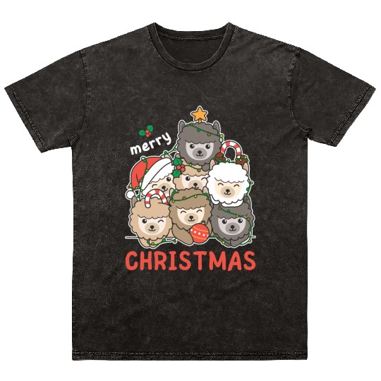 Alpaca Christmas Tree Merry Christmas Mineral Wash T Shirts