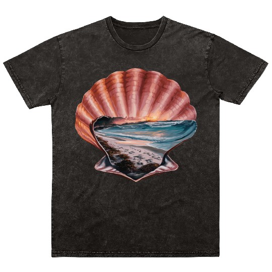 Seashell Beach Scene Serene Ocean Landscape Mineral Wash T Shirts