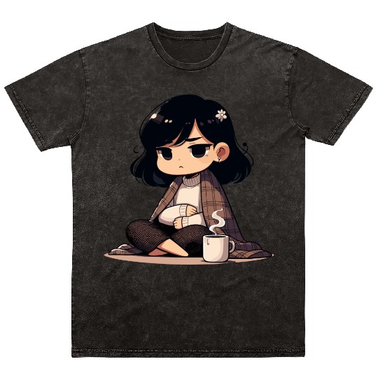 Cozy Anime Character with Coffee Mineral Wash T Shirts